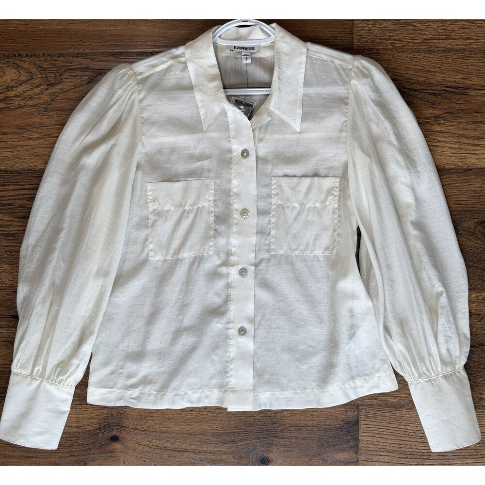 Express Ivory Lyocell Button Front Utility Blouse Puff Sleeve Pockets Women’s S